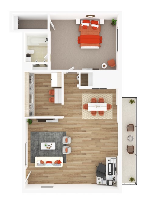 Floor plan for 1 bed, 1 bath, 727 sqft