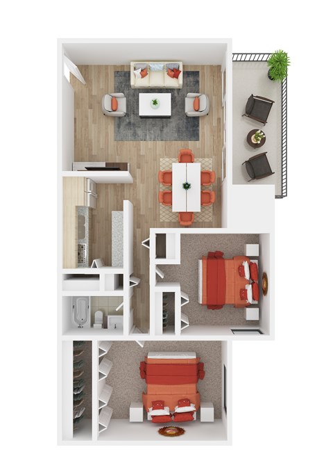 Floor plan for 2 beds, 1 bath, 935 sqft