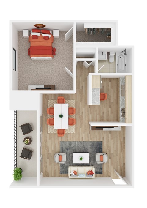 Floor plan for 1 bed, 1 bath, 714 sqft