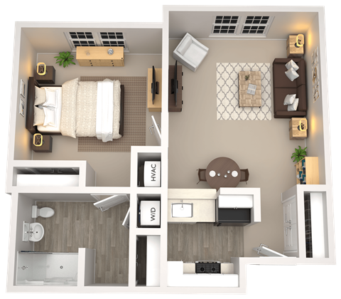 Floor plan for 1 bed, 1 bath, 657 sqft