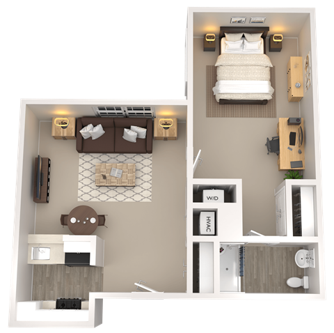 Floor plan for 1 bed, 1 bath, 644 sqft