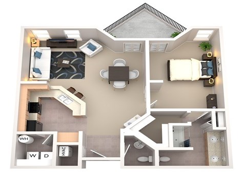 Floor plan for 1 bed, 1.5 baths, 1081 sqft