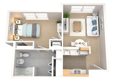 Floor plan for 1 bed, 1 bath, 562 sqft