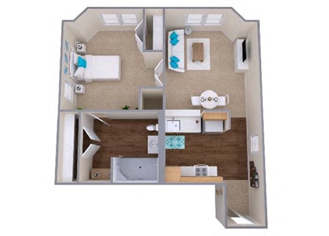 Floor plan for 1 bed, 1 bath, 628 sqft