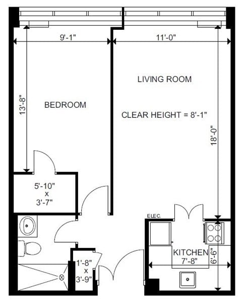 Floor plan for 1 bed, 1 bath