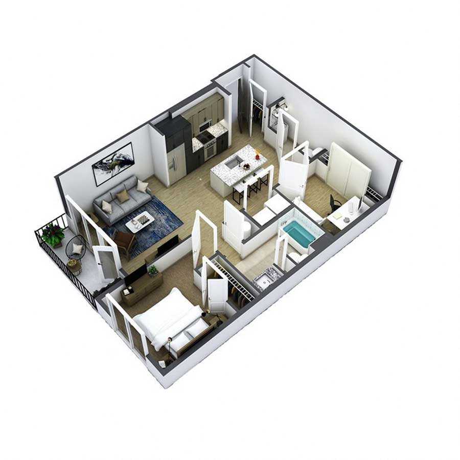 Floor plan for 1 bed, 1.5 baths, 1020 sqft