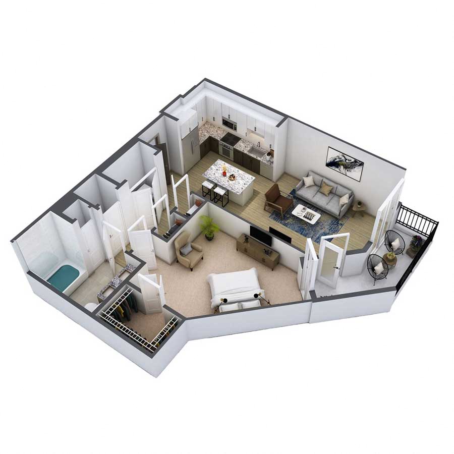 Floor plan for 1 bed, 1 bath, 972 sqft