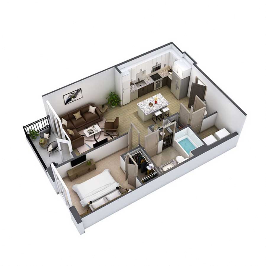 Floor plan for 1 bed, 1 bath, 842 sqft