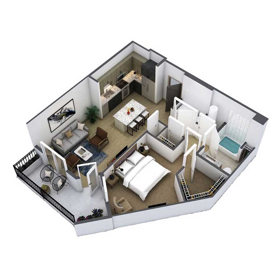 Floor plan for 1 bed, 1 bath, 910 sqft