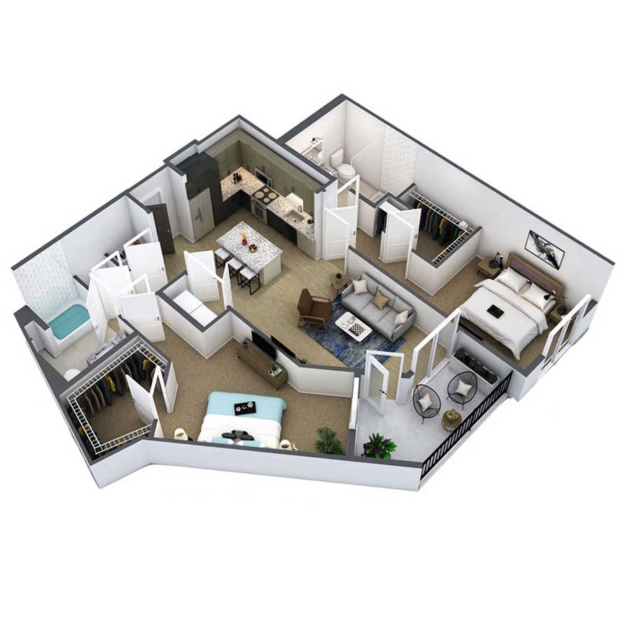 Floor plan for 2 beds, 2 baths, 1318 sqft