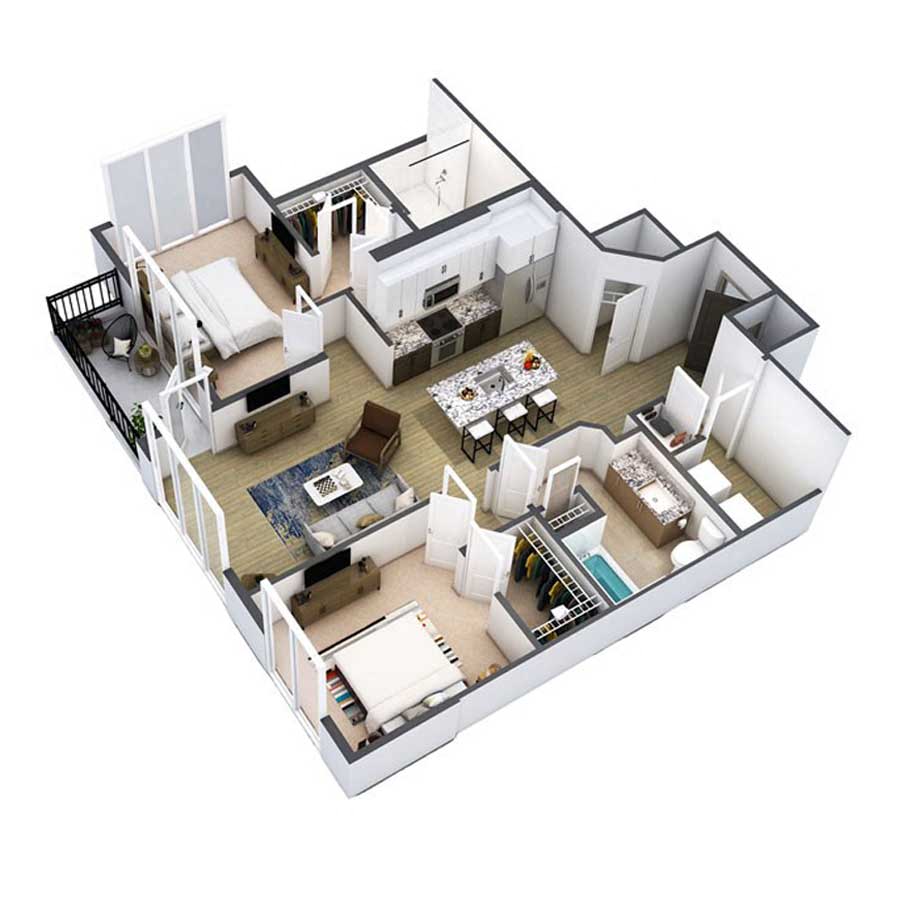 Floor plan for 2 beds, 2 baths, 1289 sqft