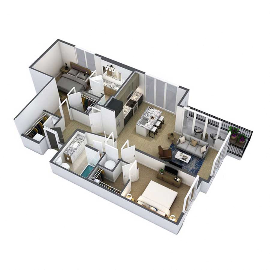 Floor plan for 2 beds, 2 baths, 1287 sqft