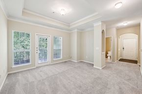 Stonecrest apartment for rent - A spacious living room with vaulted ceilings,  a carpeted floor, large windows,  and a artwork niches.