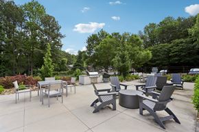 Norcross apartment for rent - A patio with a table and chairs surrounded by trees.