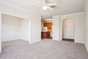 Stonecrest apartment for rent - A spacious  living room with a ceiling fan and carpeted floor.