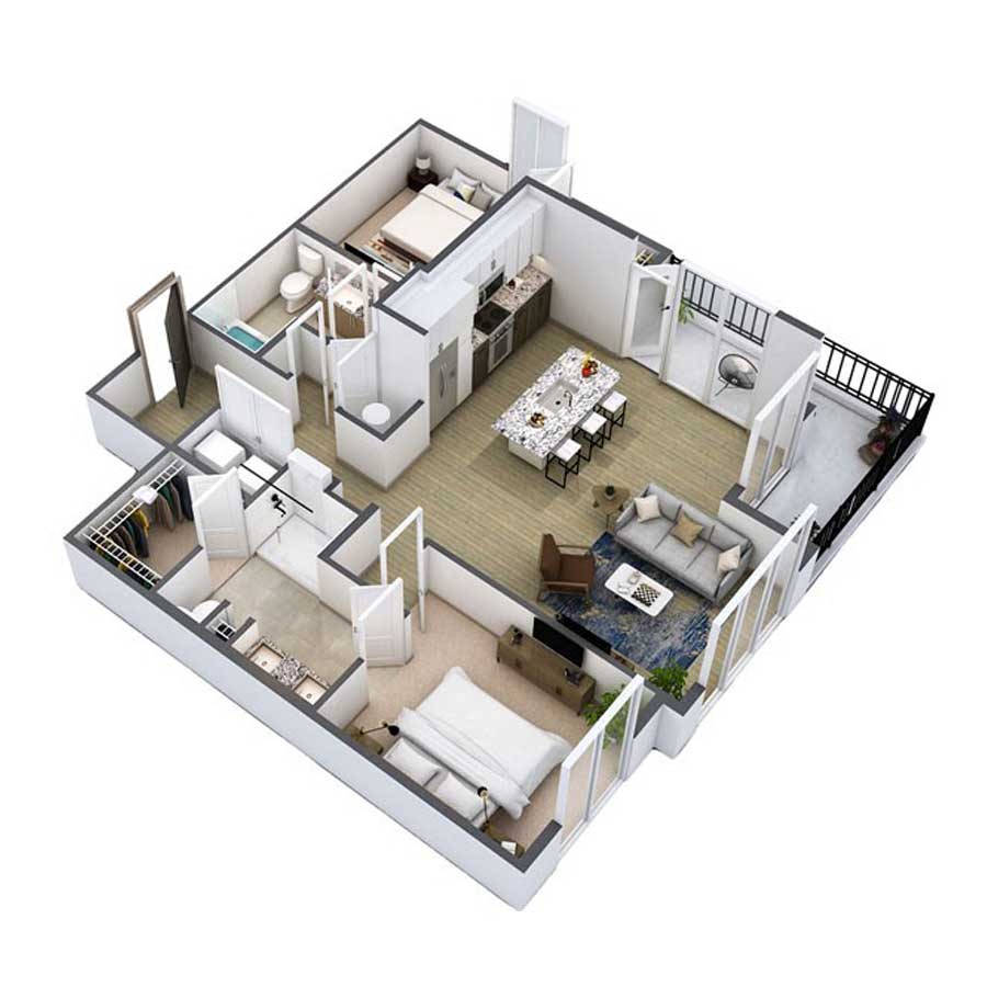 Floor plan for 2 beds, 2 baths, 1382 sqft