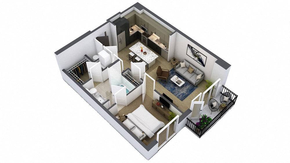 Floor plan for 1 bed, 1 bath, 847 sqft