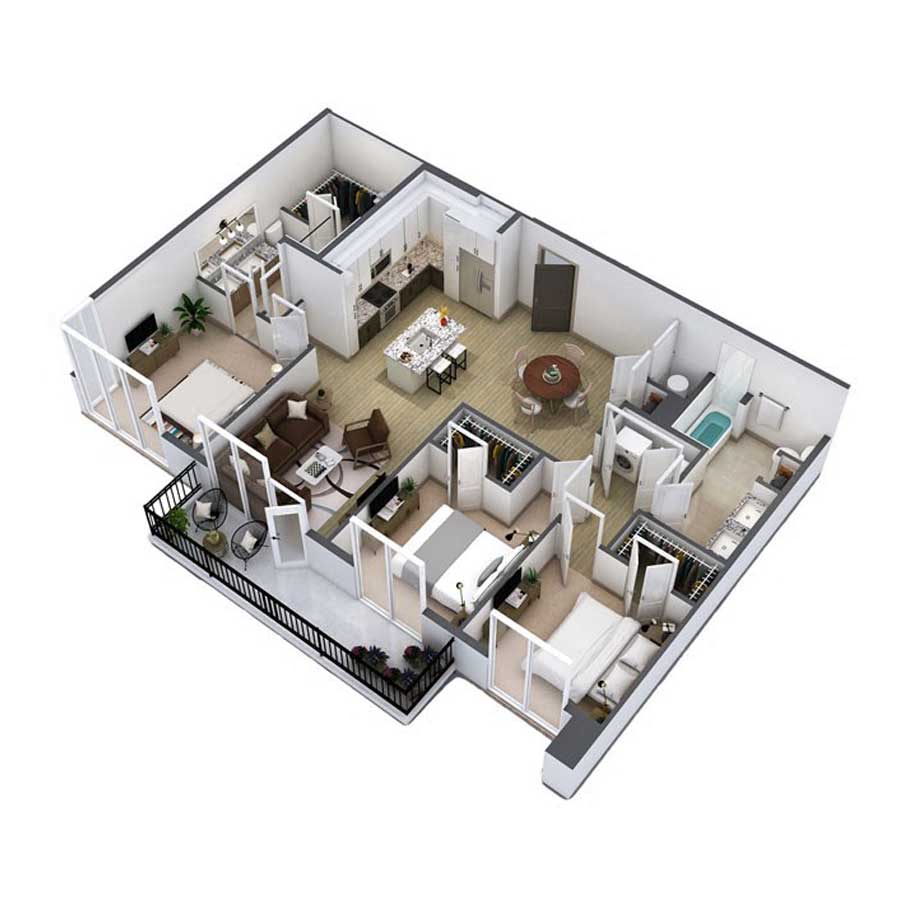 Floor plan for 3 beds, 2 baths, 1564 sqft