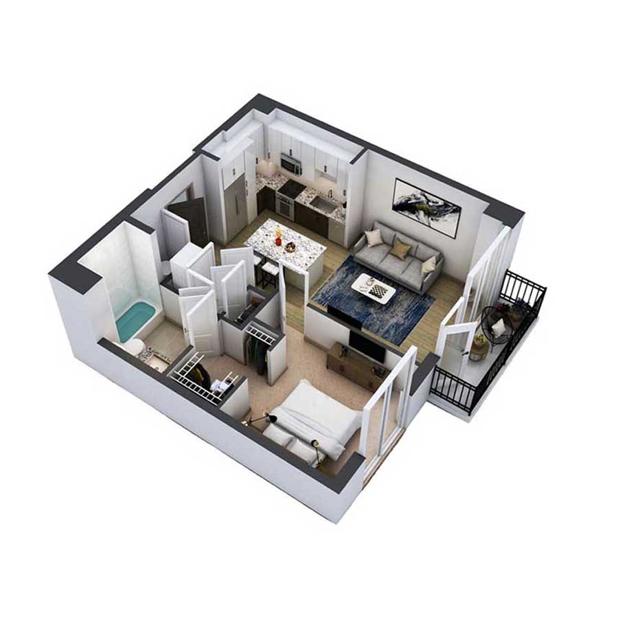 Floor plan for 1 bed, 1 bath, 804 sqft