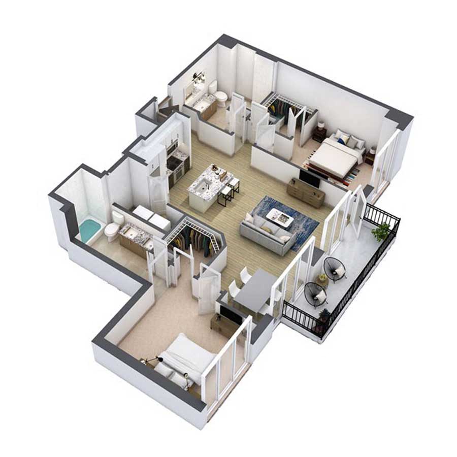 Floor plan for 2 beds, 2 baths, 1384 sqft