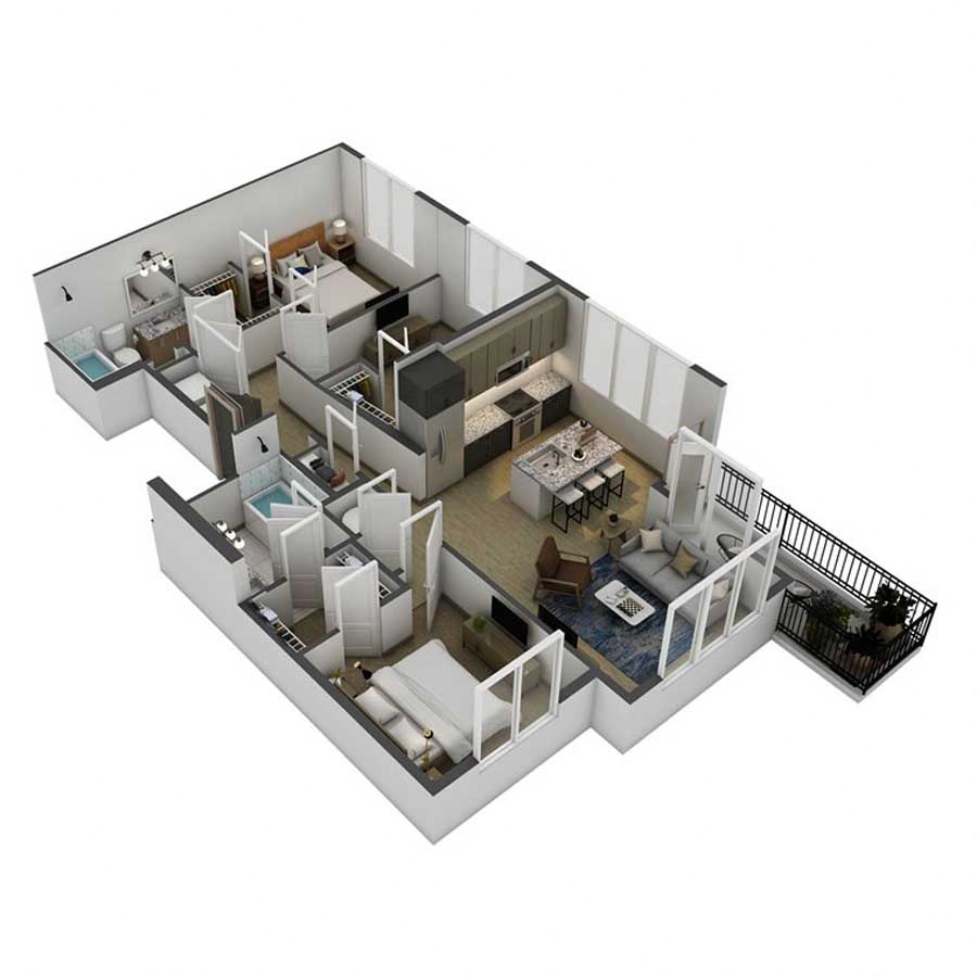 Floor plan for 3 beds, 2 baths, 1354 sqft