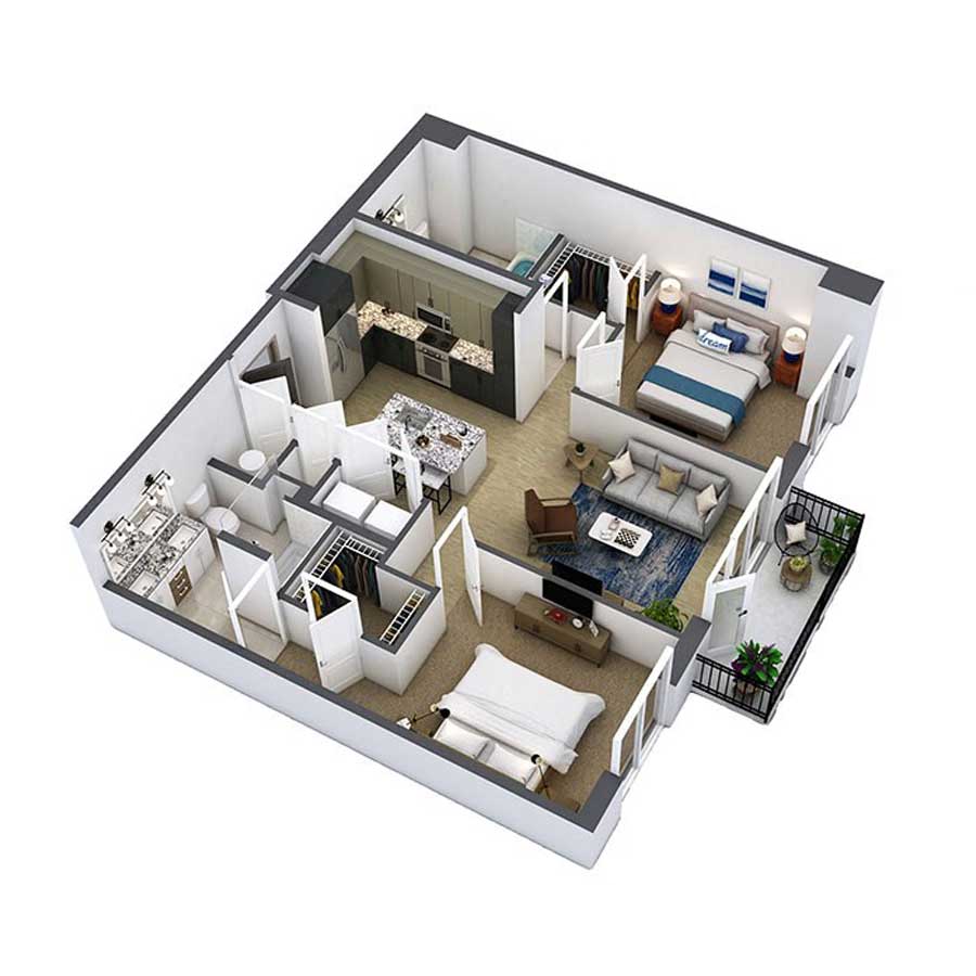 Floor plan for 2 beds, 2 baths, 1161 sqft