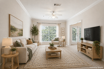 Stonecrest apartment for rent - A living room with a couch, a coffee table, a television, and a painting on the wall.