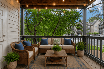 Lithia Springs apartment for rent - A patio with a couch, chairs, and a coffee table.