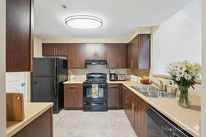 Newnan apartment for rent - A kitchen with a black refrigerator, black oven, and brown cabinets.