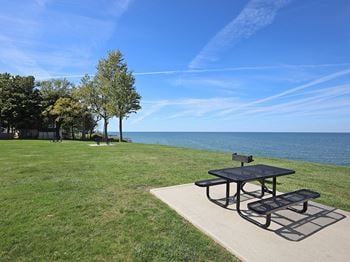 Lakefront picnic area with picnic tables  with lake erie view