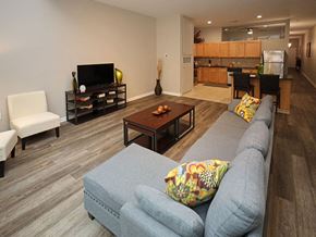 Cleveland apartment for rent - Open concept living room and kitchen with modern furnishings at The Residences at 668 Apartments, Cleveland, OH, 44114