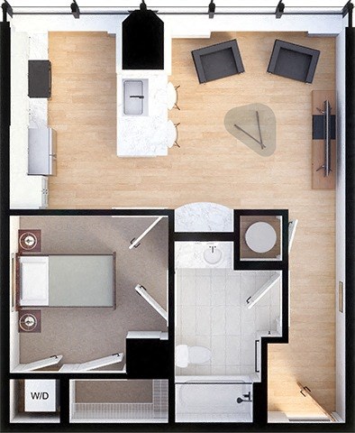 Floor plan for 1 bed, 1 bath, 610 sqft