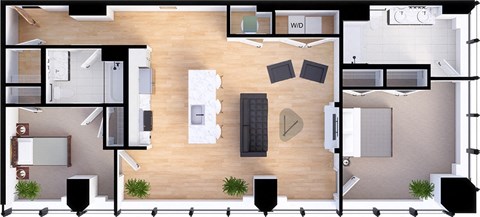 Floor plan for 2 beds, 2 baths, 1405 sqft