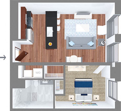 Floor plan for 1 bed, 1 bath, 590 sqft