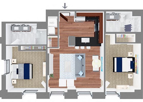 Floor plan for 2 beds, 2 baths, 960 sqft