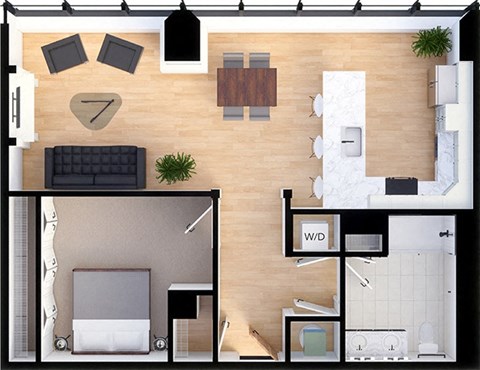 Floor plan for 1 bed, 1 bath, 950 sqft