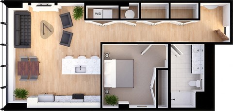 Floor plan for 1 bed, 1 bath, 990 sqft