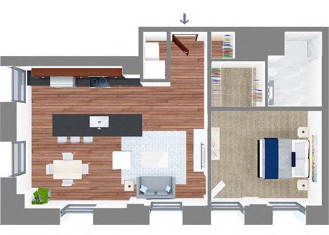 Floor plan for 1 bed, 1 bath, 740 sqft
