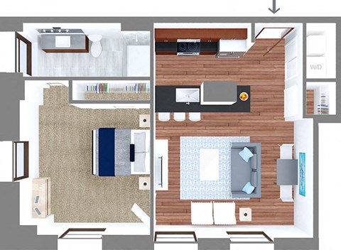 Floor plan for 1 bed, 1 bath, 665 sqft