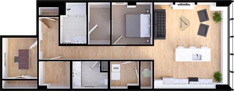 Floor plan for 1 bed, 1.5 baths, 1195 sqft