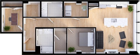 Floor plan for 1 bed, 1.5 baths, 1195 sqft