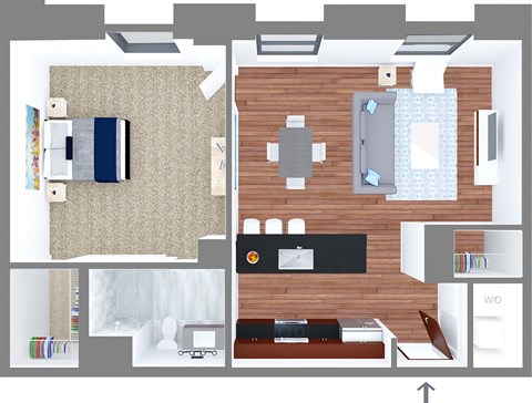 Floor plan for 1 bed, 1 bath, 760 sqft