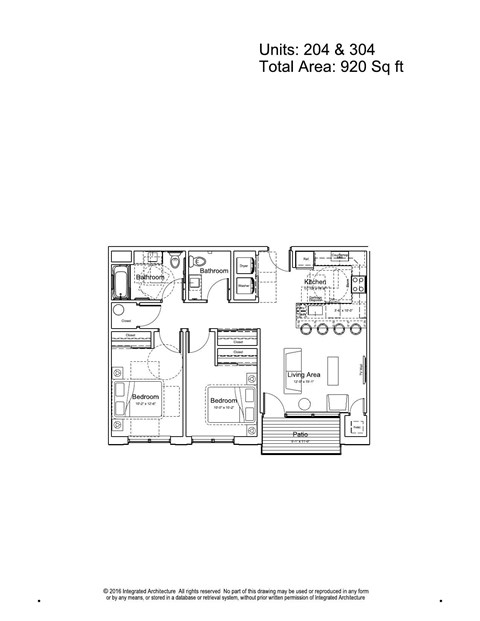 Floor plan for 2 beds, 1.5 baths, 965 sqft