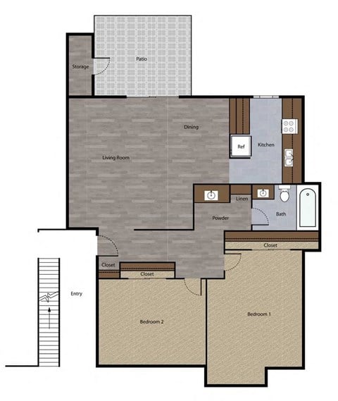 Floor plan for 2 beds, 1 bath, 860 sqft