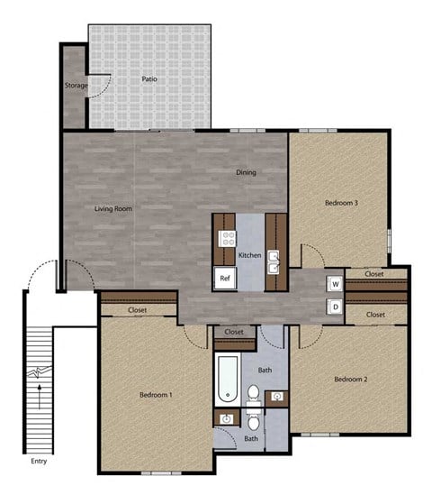 Floor plan for 3 beds, 2 baths, 1100 sqft