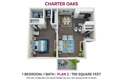Floor plan for 1 bed, 1 bath, 700 sqft