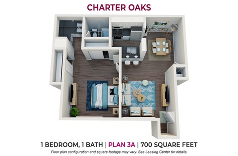 Floor plan for 1 bed, 1 bath, 700 sqft