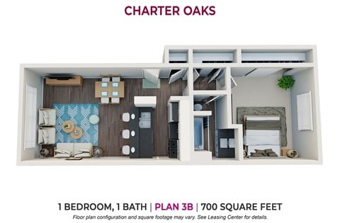 Floor plan for 1 bed, 1 bath, 700 sqft