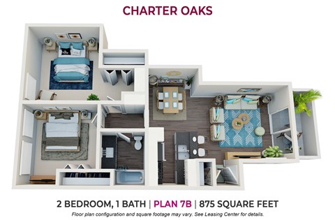 Floor plan for 2 beds, 1 bath, 875 sqft