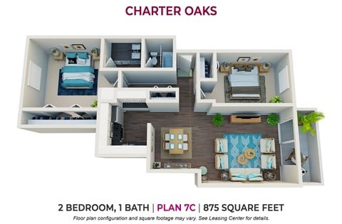 Floor plan for 2 beds, 1 bath, 875 sqft